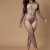 Brown see through mock neck jumpsuit