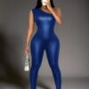Blue pu-leather one arm jumpsuit